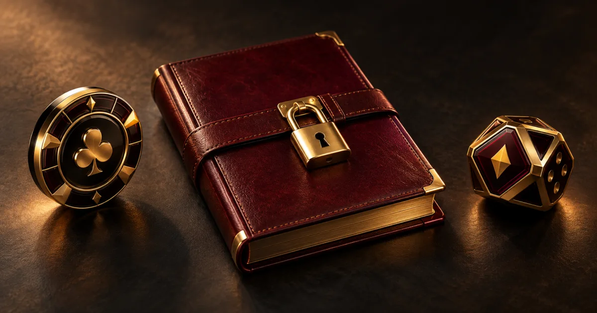 Two separate geometric club tokens and a locked burgundy notebook in an editorial illustration