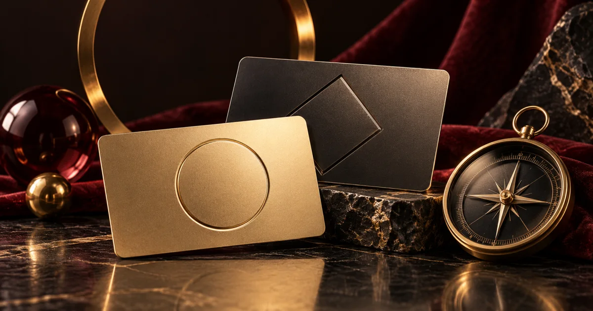 Two blank membership cards with different geometric embossed shapes and a compass in an editorial illustration