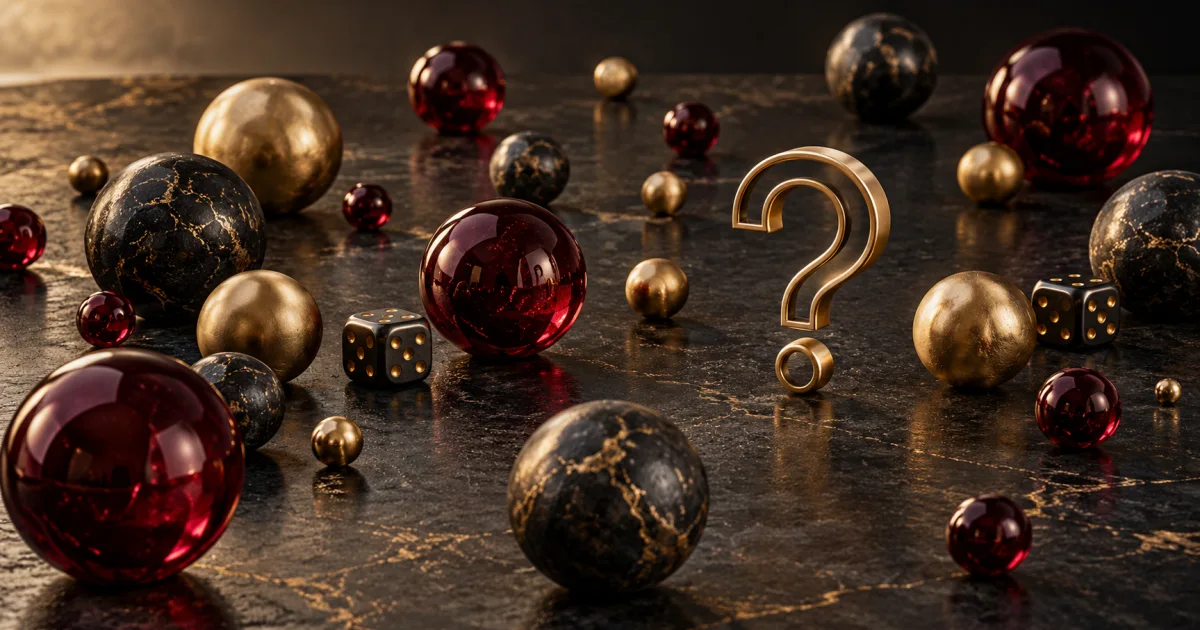 Scattered coloured spheres around a brushed gold question mark on dark stone