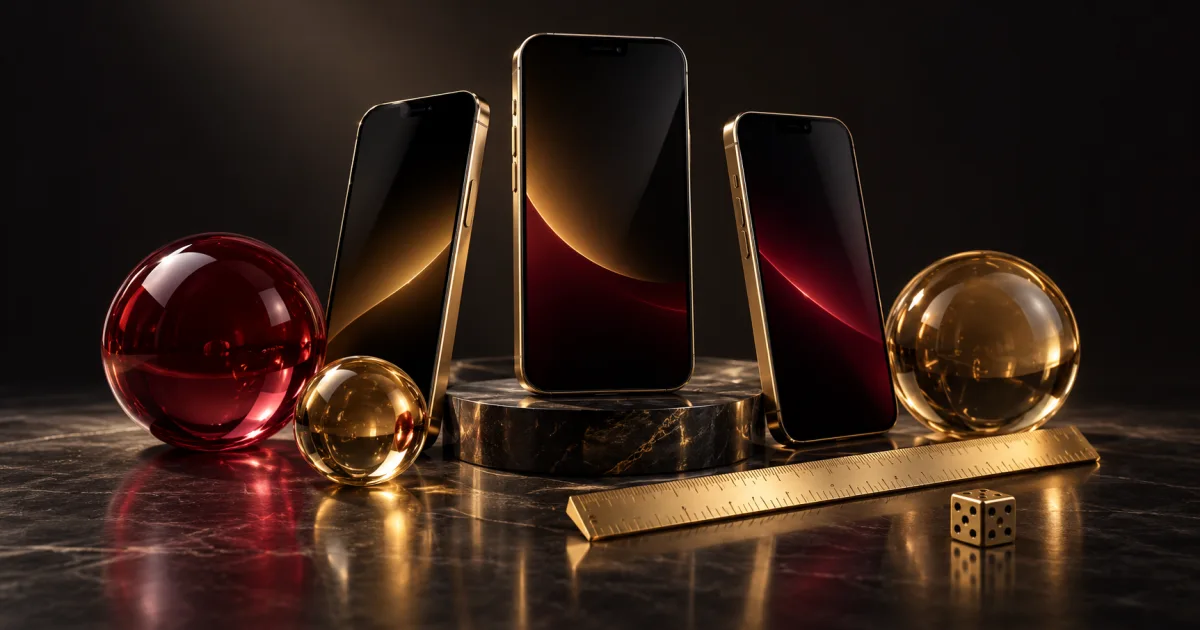 Three phones with distinct colored glass spheres and a gold measuring ruler in an editorial illustration