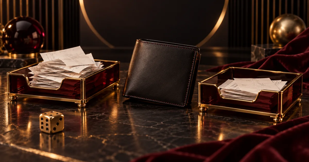 Dark wallet beside two separate gold-edged receipt trays in an editorial illustration