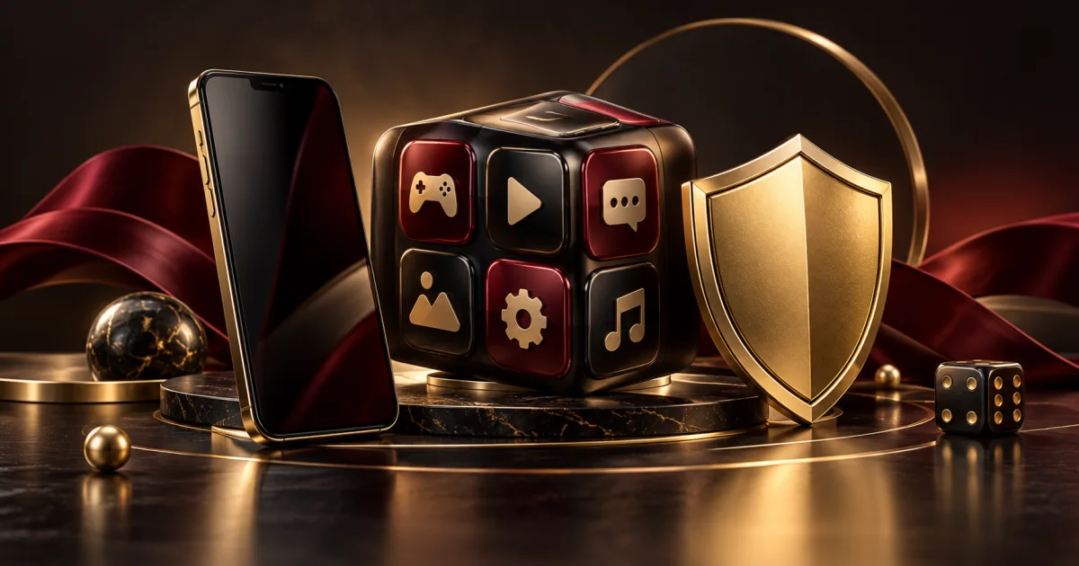 Phone beside an abstract app package cube and a gold shield in an editorial illustration
