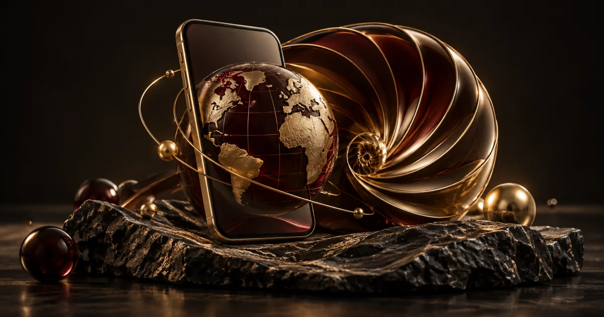 Phone browser globe and shell-like abstract sculpture on dark stone in an editorial illustration