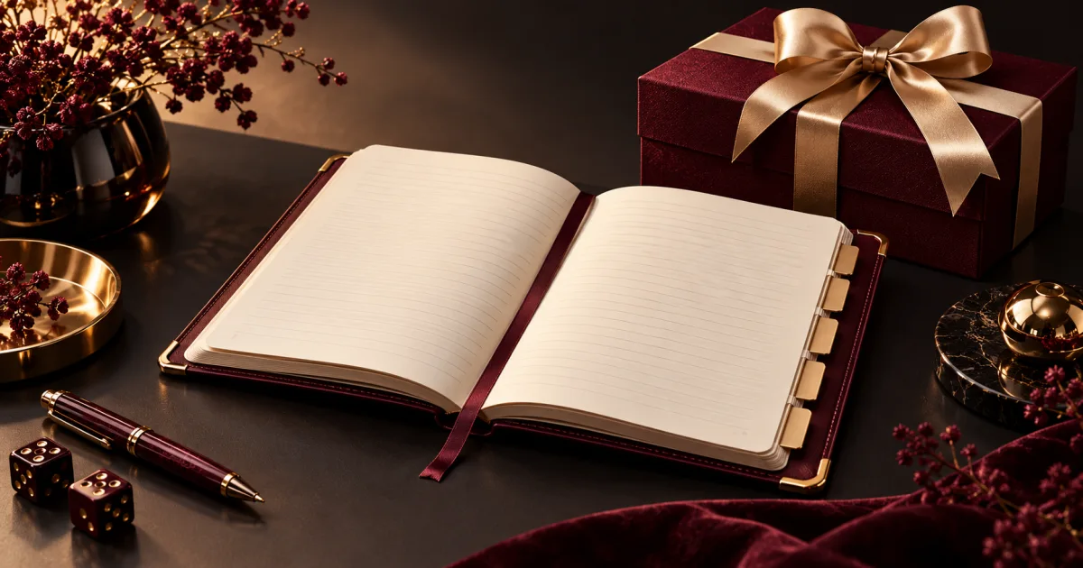 Open notebook with blank rule tabs and a burgundy gift box in an editorial illustration