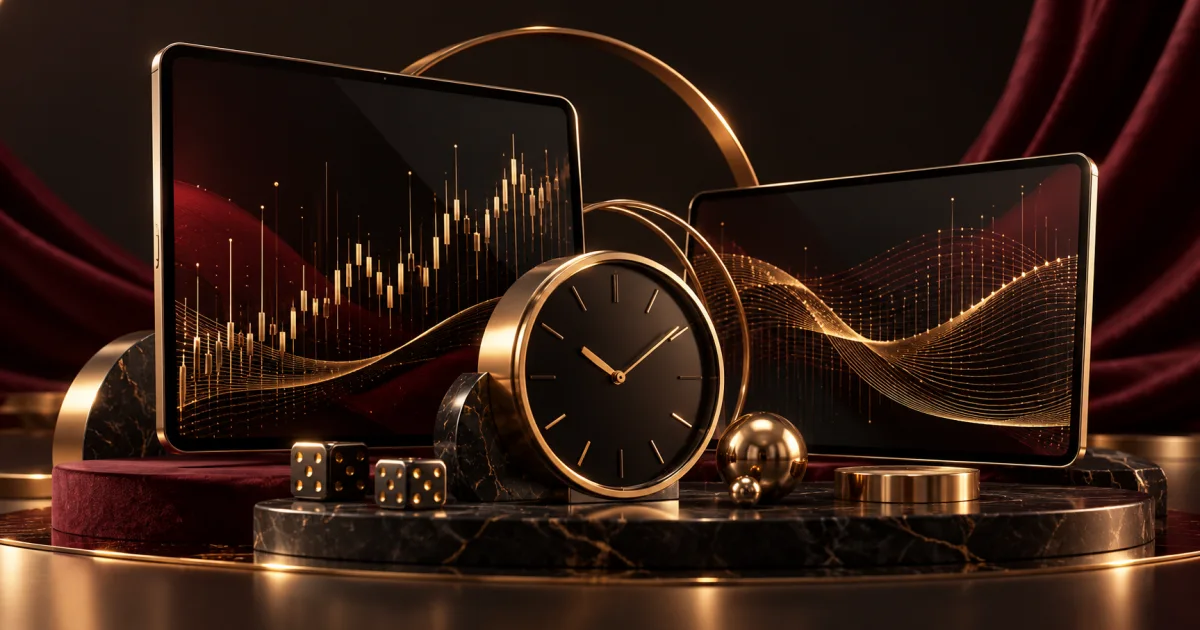 Two dark screens with a clock and abstract ledger of gold lines in an editorial illustration