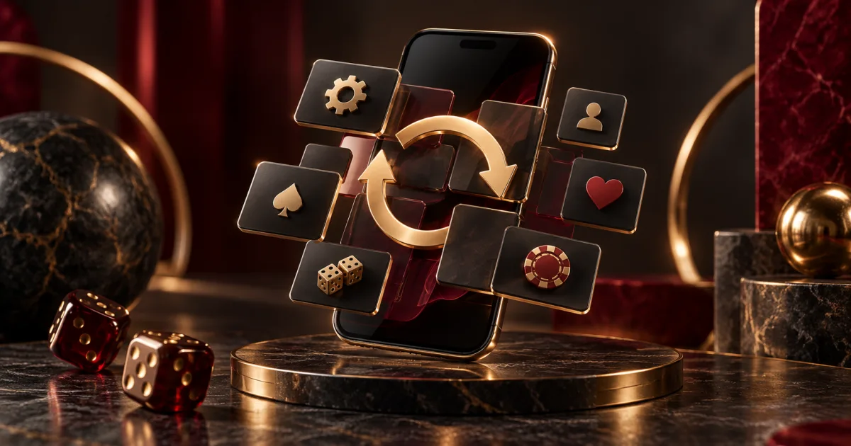 Floating dark interface tiles and a gold circular arrow illustrating app troubleshooting