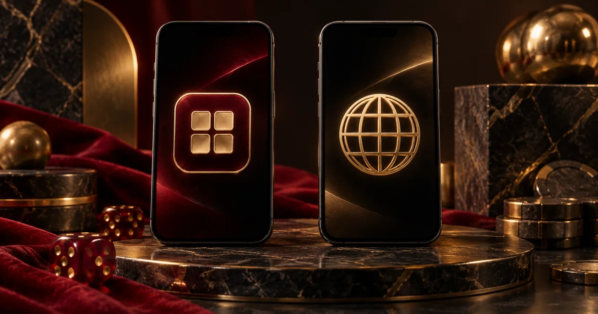 Two dark smartphones with abstract app and globe symbols on a burgundy surface