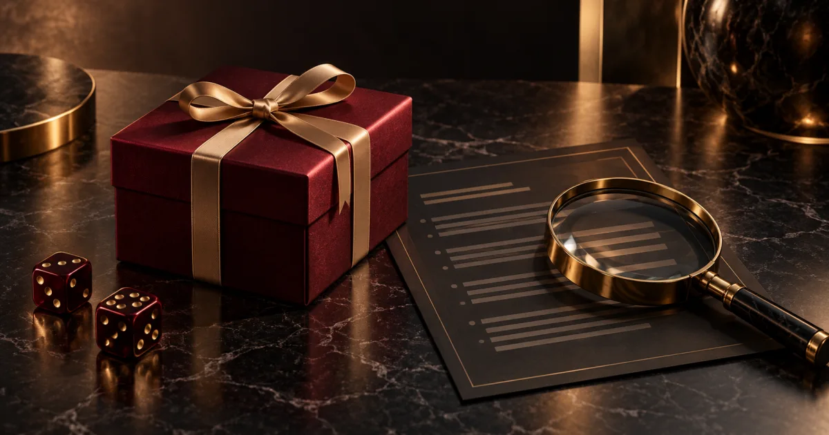 Burgundy gift box beside a gold magnifying glass and an abstract terms sheet