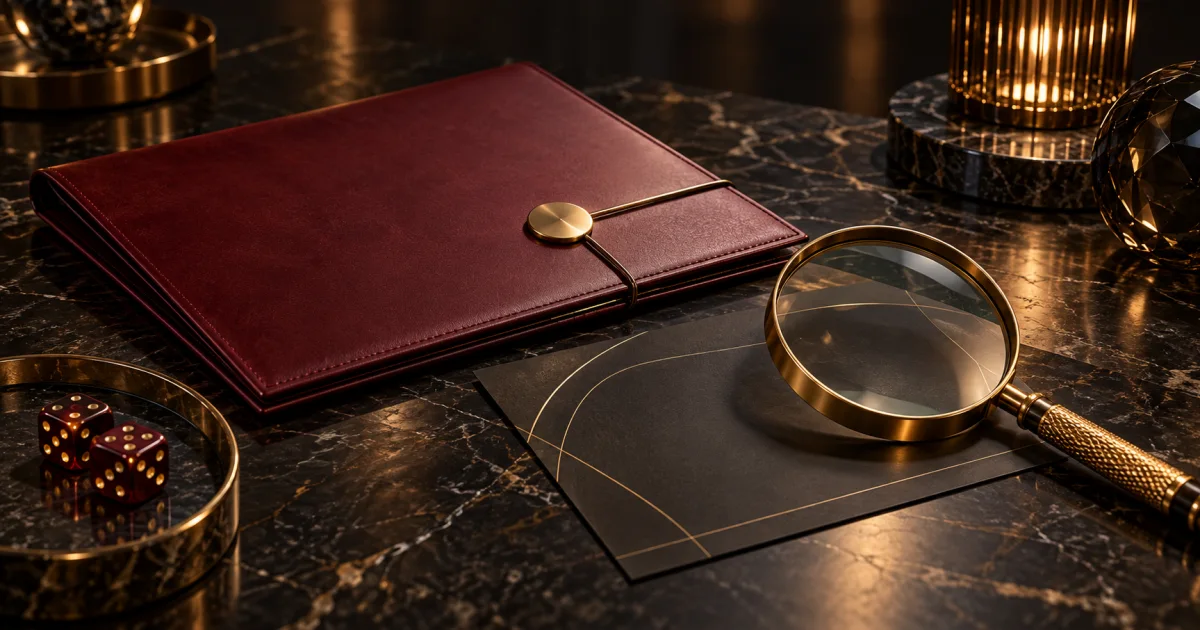 Burgundy membership folder and gold magnifying glass over a blank dark card