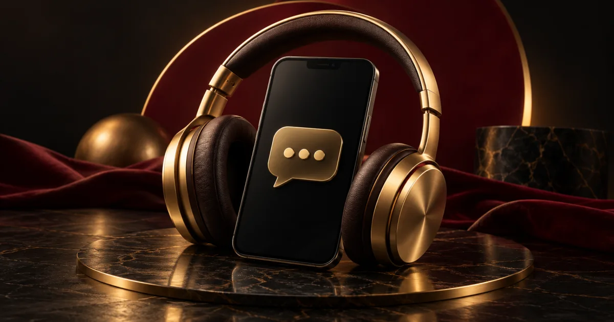 Brushed gold headset and a dark phone with a simple speech bubble in an editorial illustration
