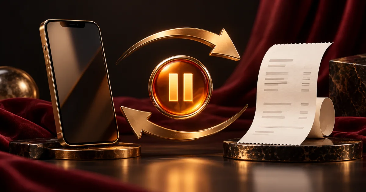 Two gold arrows between phone and receipt with an amber pause marker in an editorial illustration