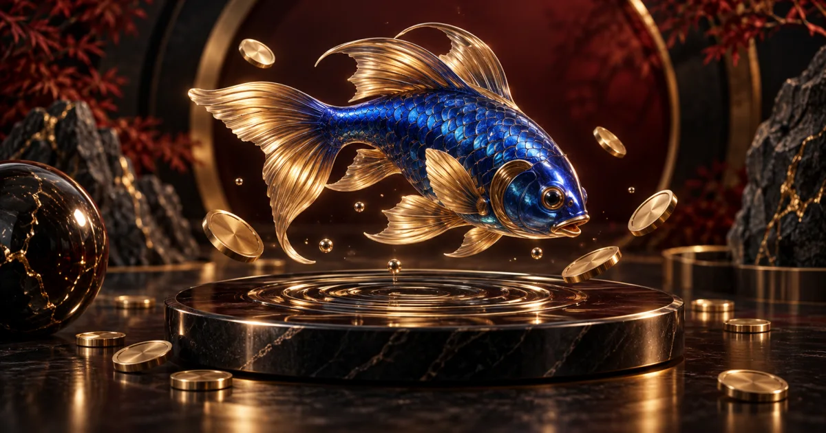 Cobalt and gold fish sculpture surrounded by dark tokens and circular ripples