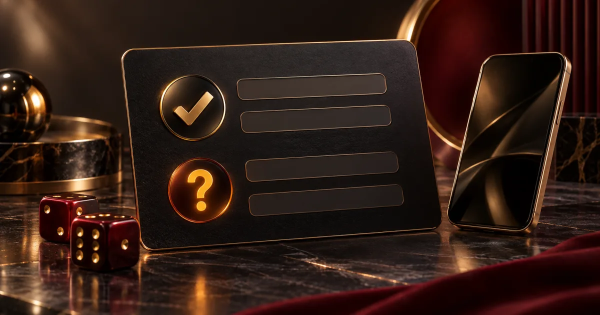 Dark registration card with gold check and question symbols beside a phone