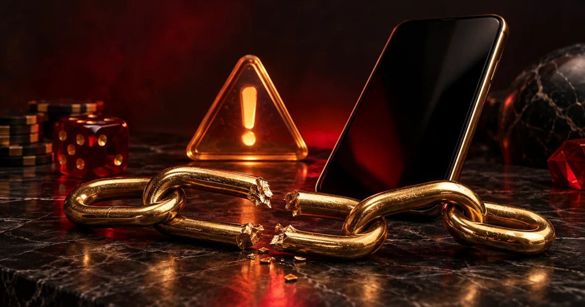 Broken gold chain beside a dark phone and an amber warning symbol