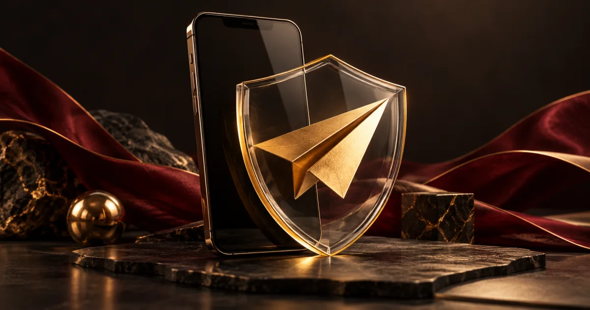 Gold folded paper plane behind a transparent shield with dark phone in an editorial illustration