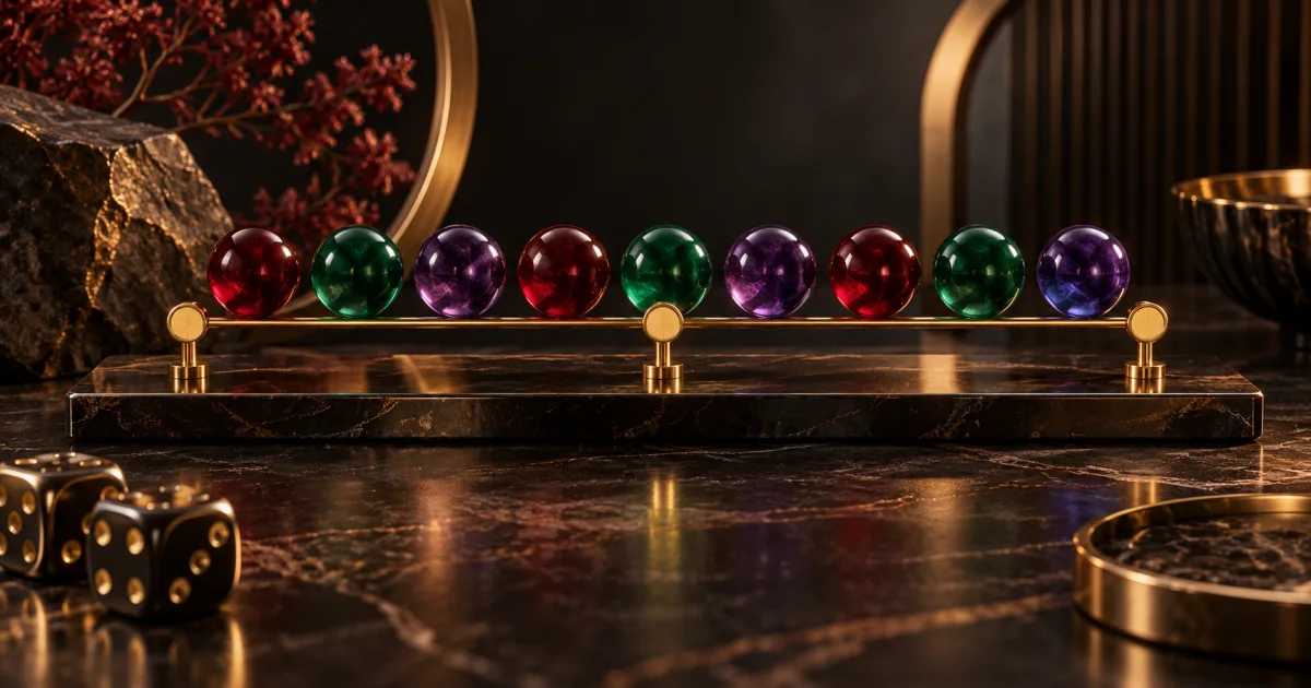 Coloured glass balls arranged beside an abstract gold timeline and dark ledger