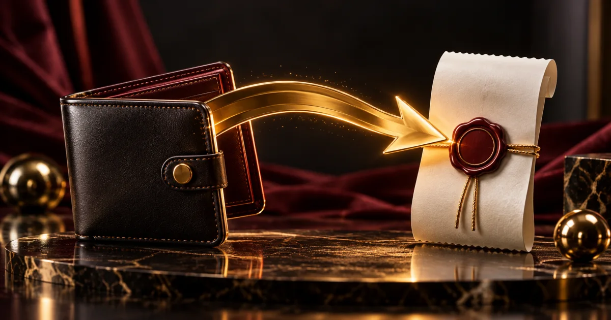 Gold arrow leaving a dark wallet towards a sealed receipt in an editorial illustration