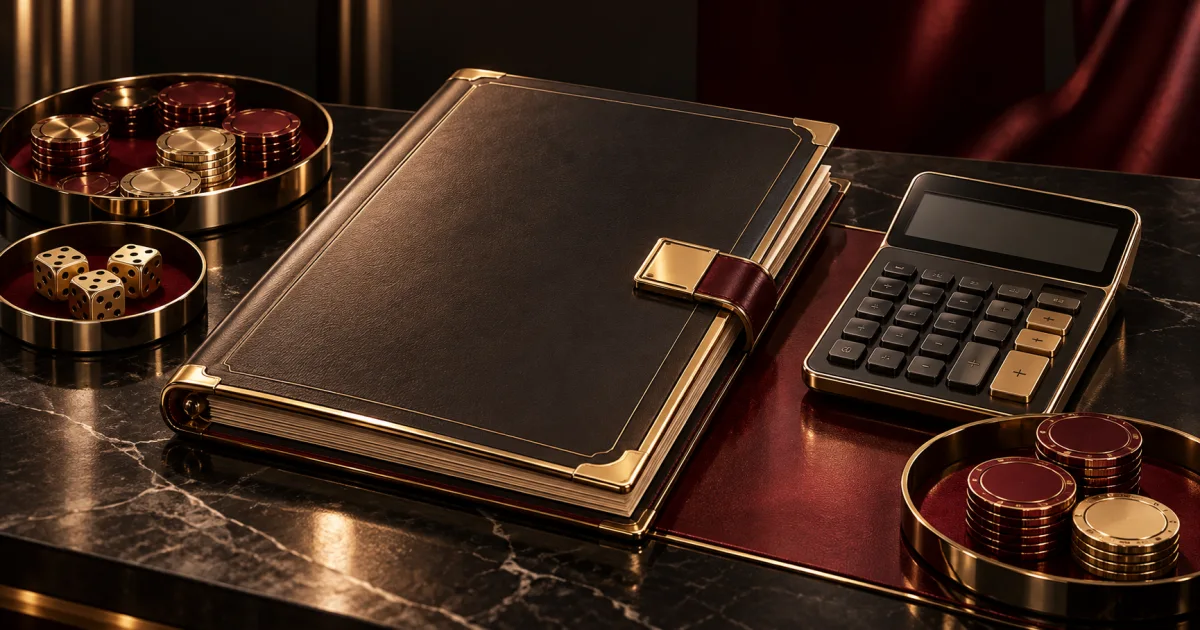 Gold-edged contract folder, calculator with blank screen and separate token trays in an editorial illustration