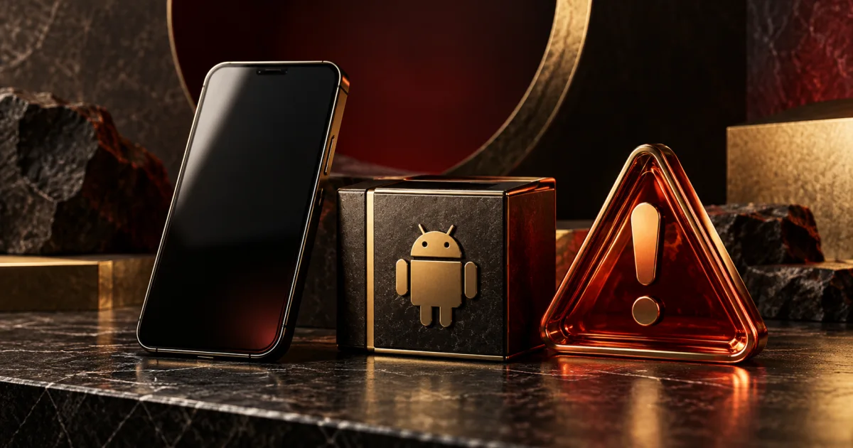 Dark phone beside a software package cube and amber installation warning symbol