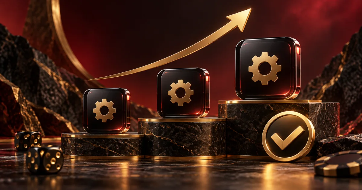 Dark glass software blocks with a gold upward arrow and check symbol