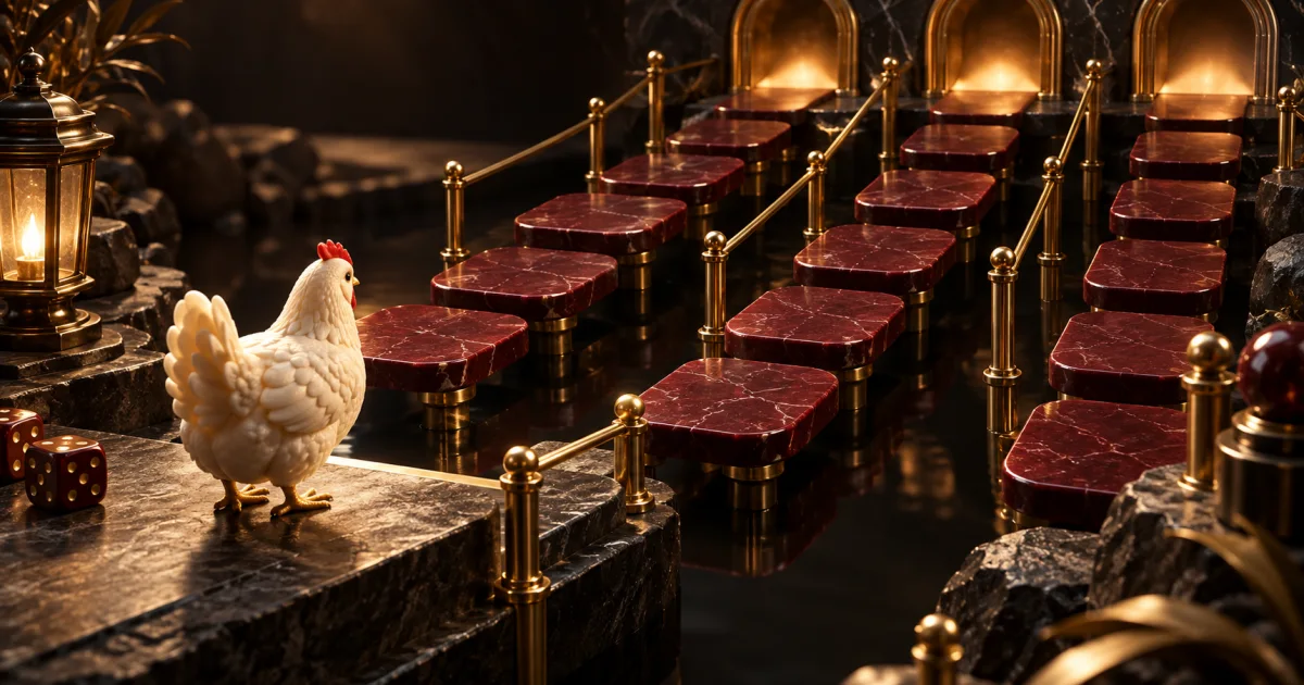 Ivory chicken figurine facing burgundy stepping stones with gold edges