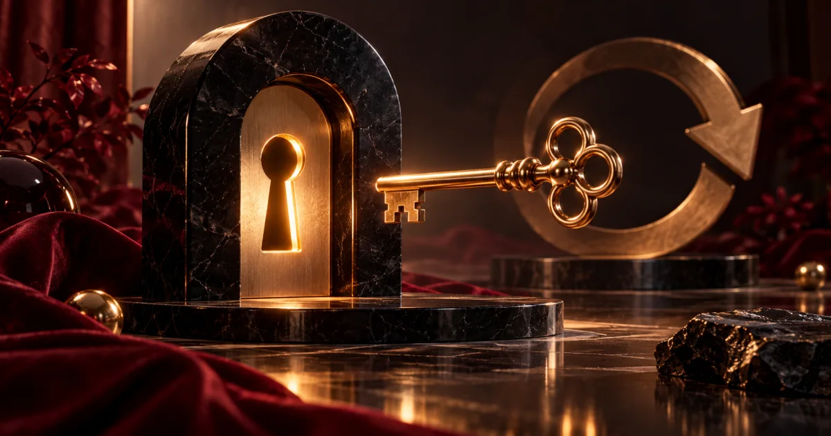 Gold key and keyhole in a dark arch illustrating secure password recovery