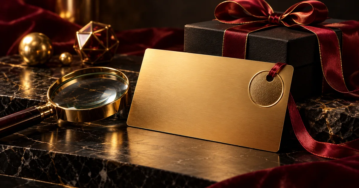 Abstract gold-edged voucher with a seal beside a burgundy gift box