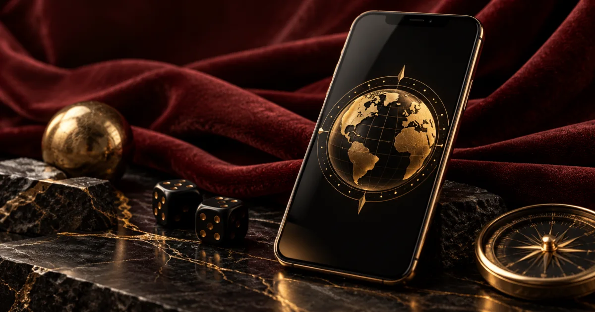 Unbranded dark smartphone beside a brushed gold globe and compass