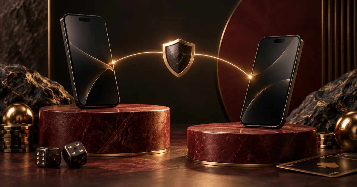Two dark phones connected by a gold arc with a protective shield between them