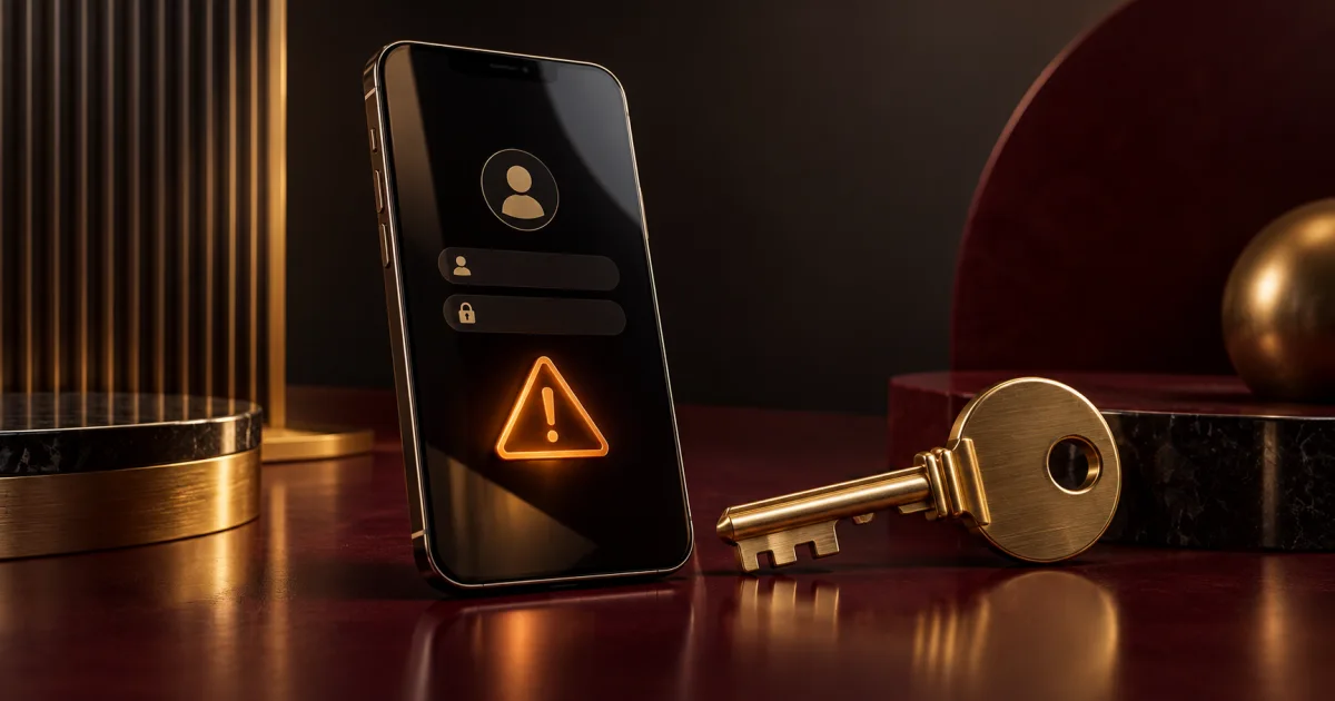 Dark smartphone, gold key and amber alert symbol illustrating login troubleshooting