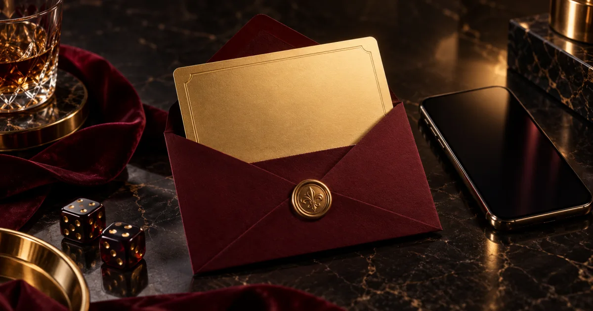 Blank gold invitation card emerging from a burgundy envelope beside a dark phone