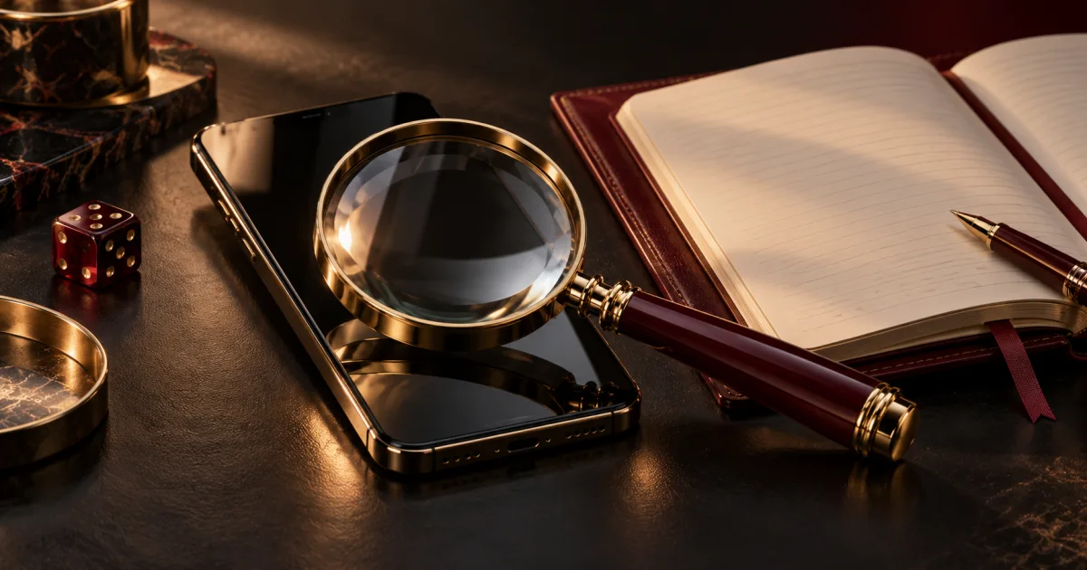 Magnifying glass inspecting a dark glass phone beside an open editorial notebook in an editorial illustration