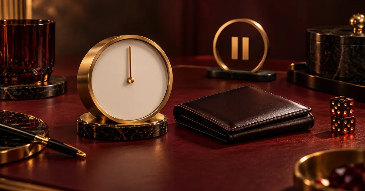 Minimal timer beside a closed wallet and a gold pause symbol