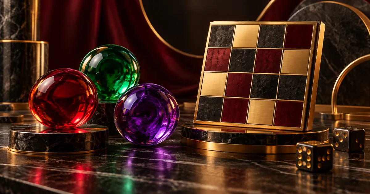 Colourful glass spheres arranged across a dark geometric rules matrix