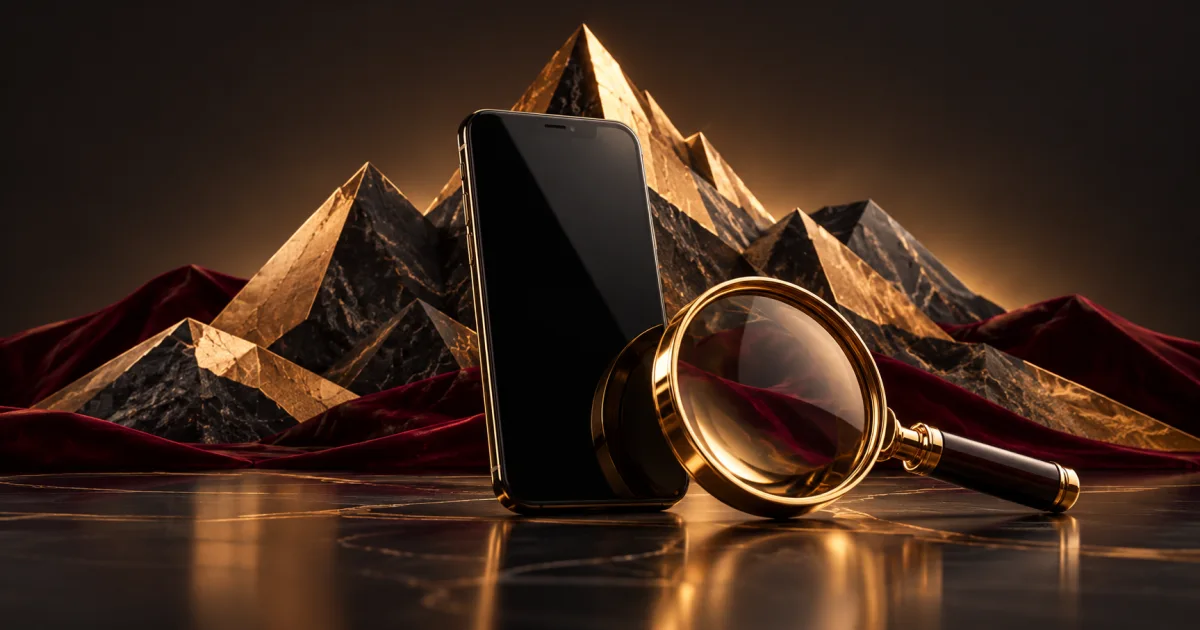 Geometric mountain sculpture behind a dark phone and golden inspection lens in an editorial illustration