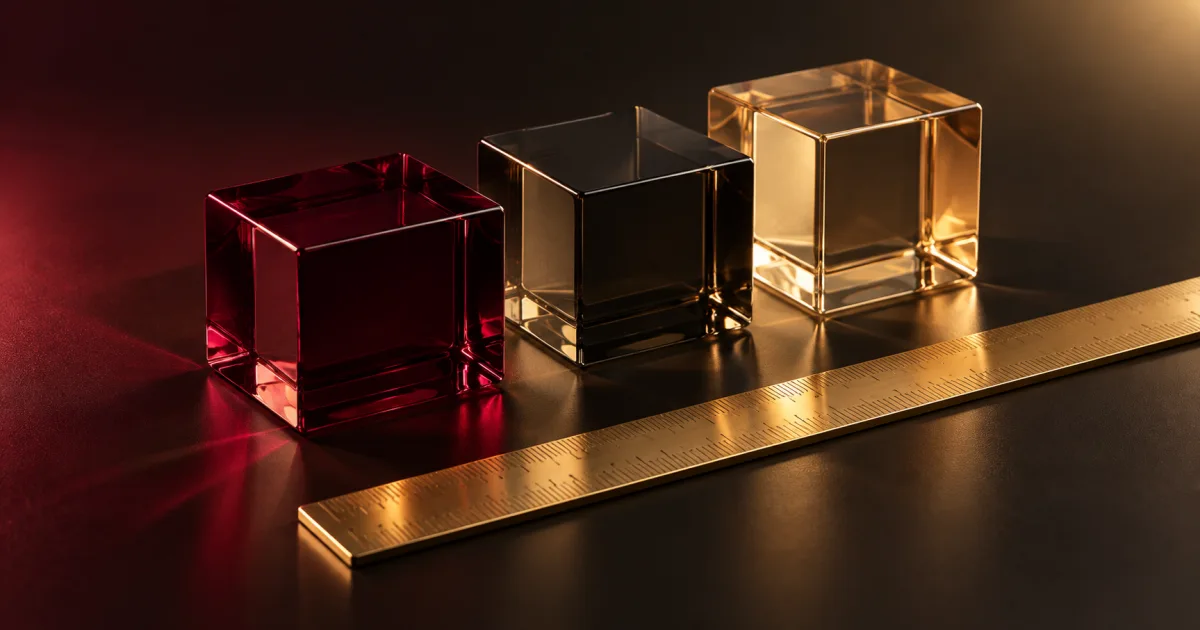Three differently colored translucent blocks beside a gold precision ruler in an editorial illustration